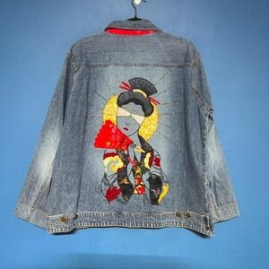 Y2K Chico's Beaded Jacket Women's Size XL Denim Patchwork Geisha Fan Indie Boho